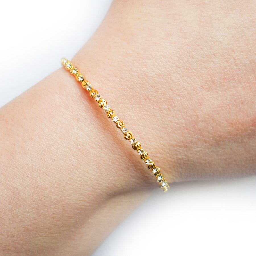 Gold Bangle Bracelet with Clear Austrian Crystals and Textured Beads