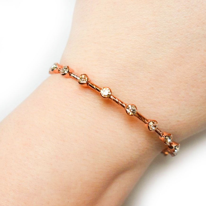 Rose Gold Twist Bangle Bracelet with Clear Austrian Crystals