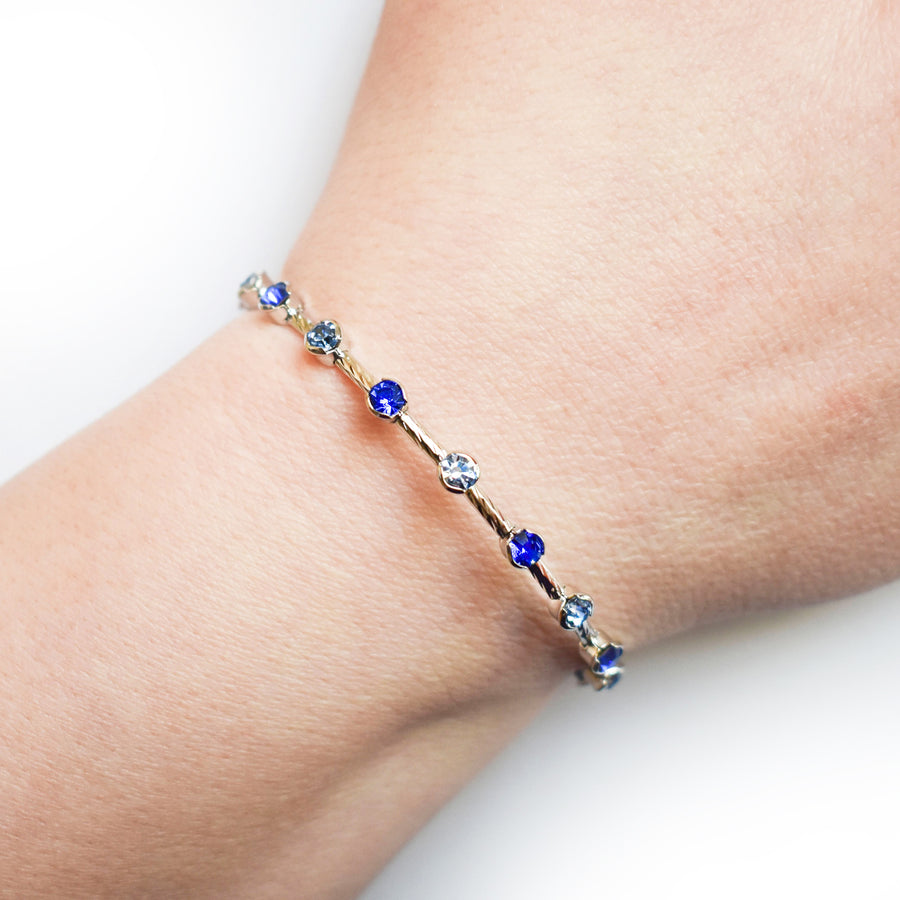 Silver Bangle Bracelet with Light and Dark Sapphire Austrian Crystals