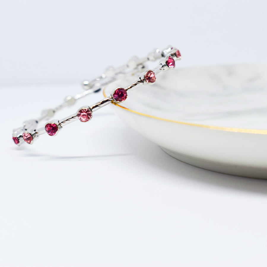 Silver Twist Bangle Bracelet with Light and Dark Rose Pink Austrian Crystals