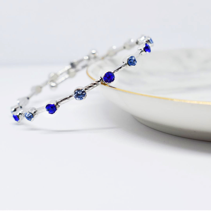 Silver Bangle Bracelet with Light and Dark Sapphire Austrian Crystals