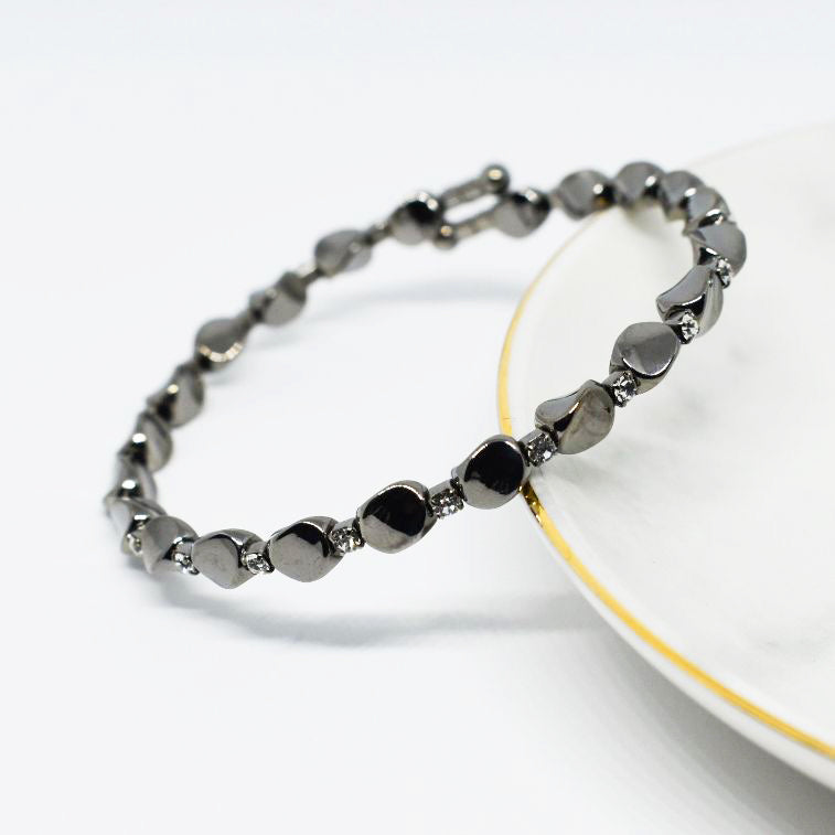 Black Rhodium Bangle Bracelet with Clear Austrian Crystals and Large Beads