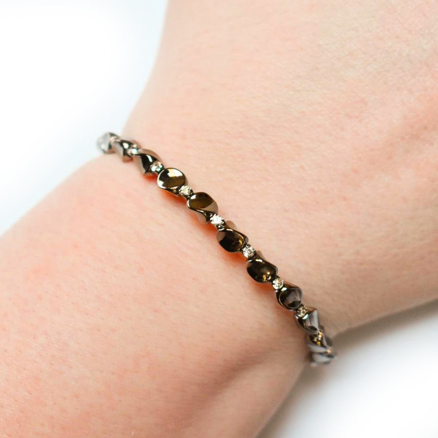 Black Rhodium Bangle Bracelet with Clear Austrian Crystals and Large Beads