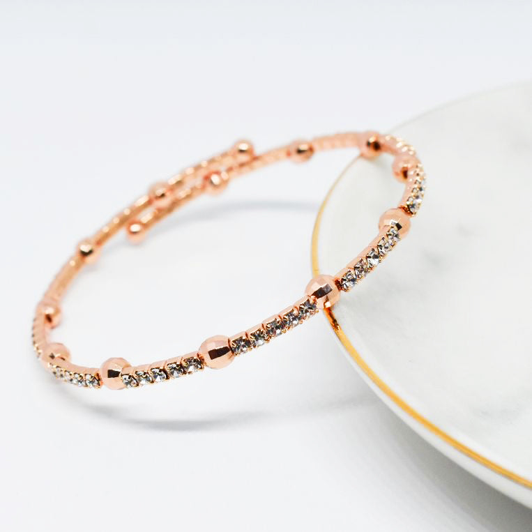 Rose Gold Bangle Bracelet with Clear Austrian Crystals and Disco Ball Beads