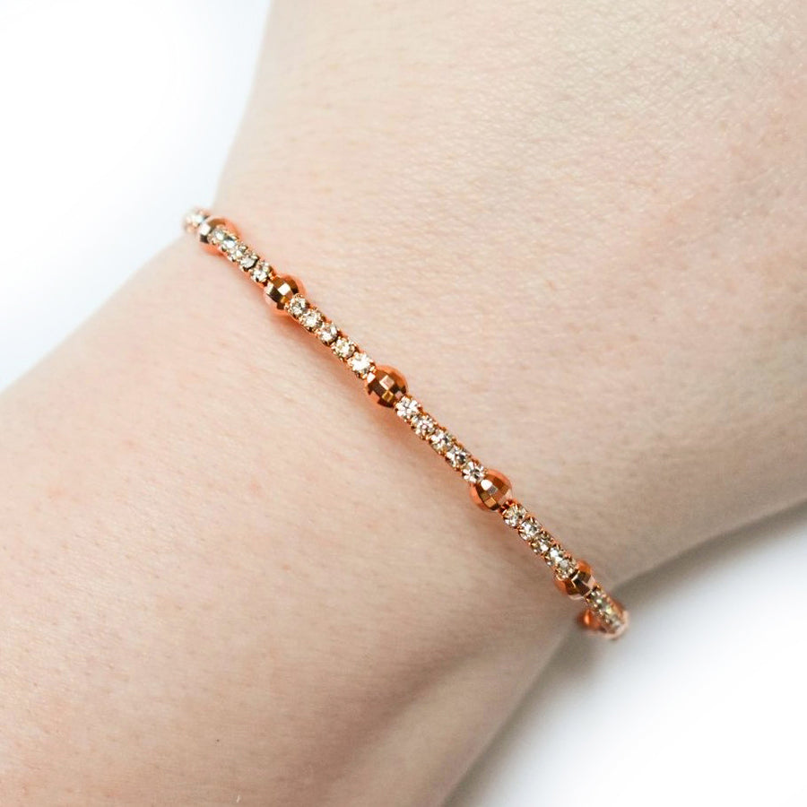 Rose Gold Bangle Bracelet with Clear Austrian Crystals and Disco Ball Beads