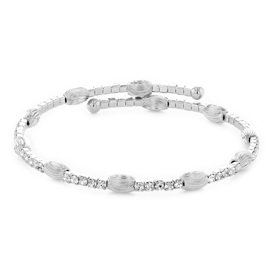 Silver Bangle Bracelet with Clear Austrian Crystals and Oblong Lined Beads