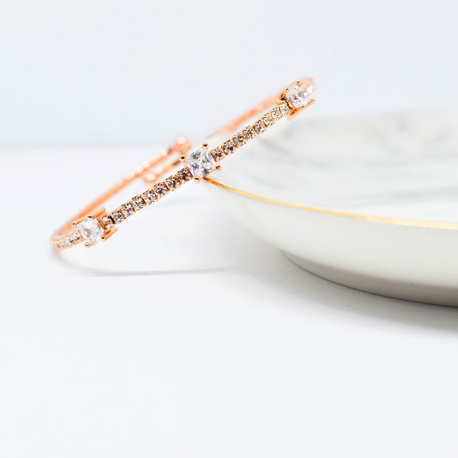 Rose Gold Bangle Bracelet with Small and Large Clear Austrian Crystals