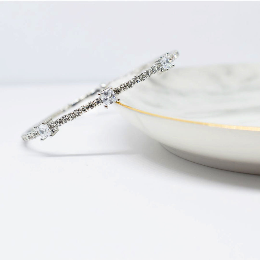 Silver Bangle Bracelet with Small and Large Clear Austrian Crystals