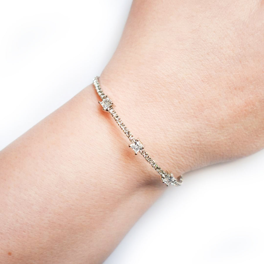 Silver Bangle Bracelet with Small and Large Clear Austrian Crystals