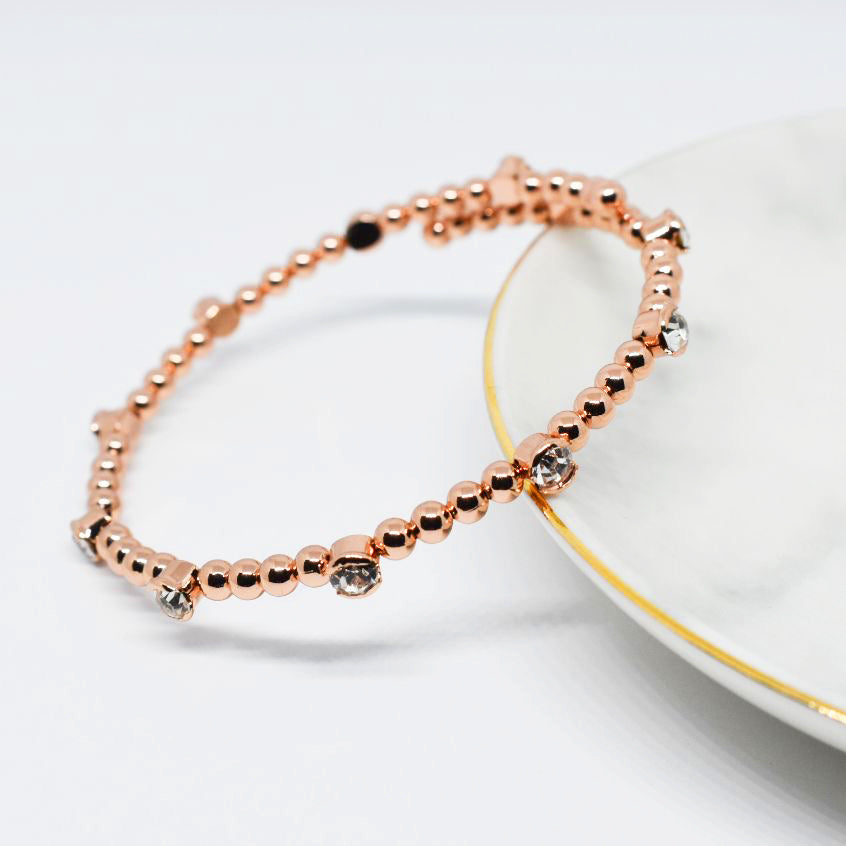 Rose Gold Bangle Bracelet with Beads and Clear Austrian Crystals