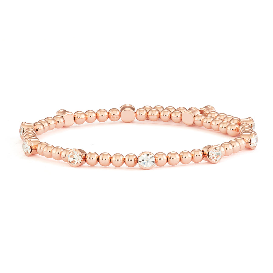 Rose Gold Bangle Bracelet with Beads and Clear Austrian Crystals