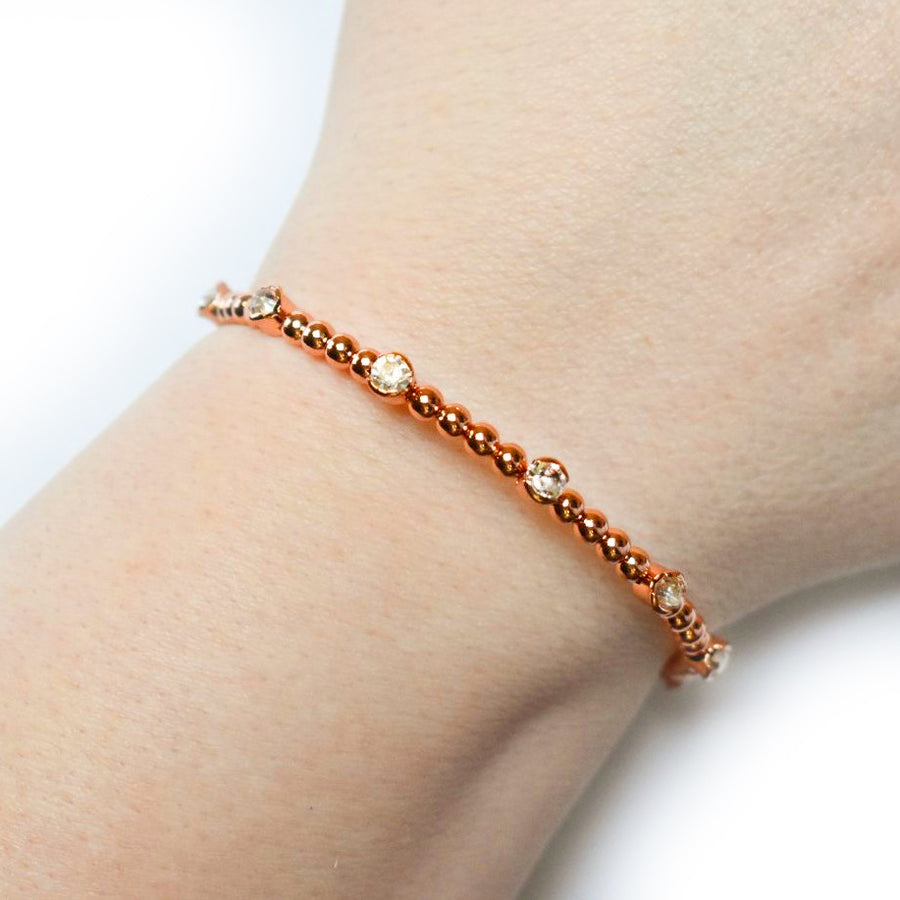 Rose Gold Bangle Bracelet with Beads and Clear Austrian Crystals