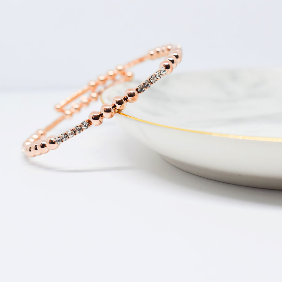 Rose Gold Bangle Bracelet with Clear Austrian Crystals and Beads