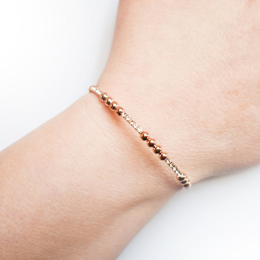 Rose Gold Bangle Bracelet with Clear Austrian Crystals and Beads