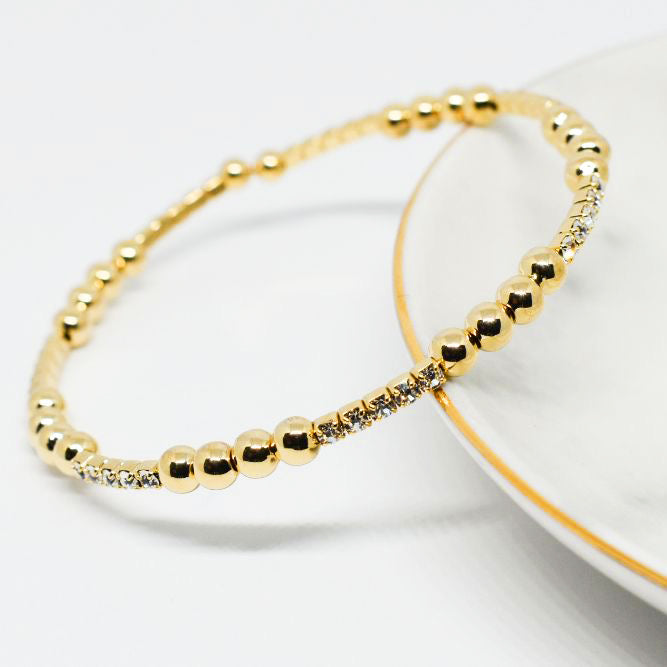 Gold Bangle Bracelet with Clear Austrian Crystals and Beads