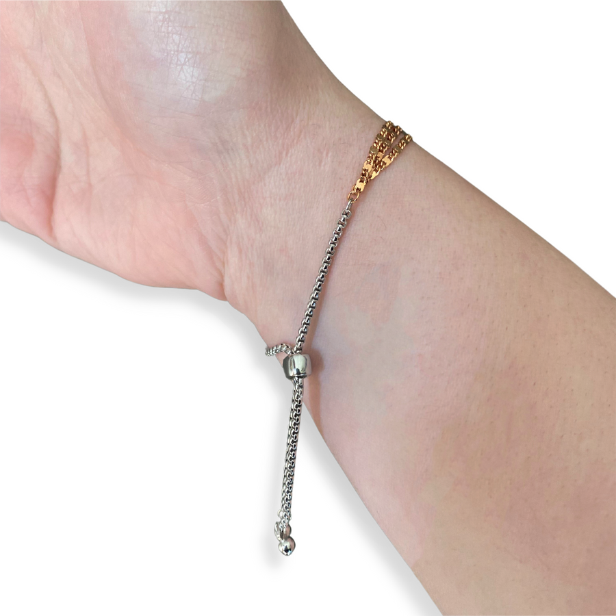 Rose Gold and Silver Box Chain Bracelet with Bolo Closure